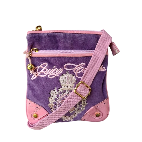 Y2K Juicy Couture Purple and Pink Velvet Crossbody Bag - Picture 1 of 11